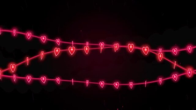 Romantic red heart garland string lights with glowing particles valentine&rsquo;s day background