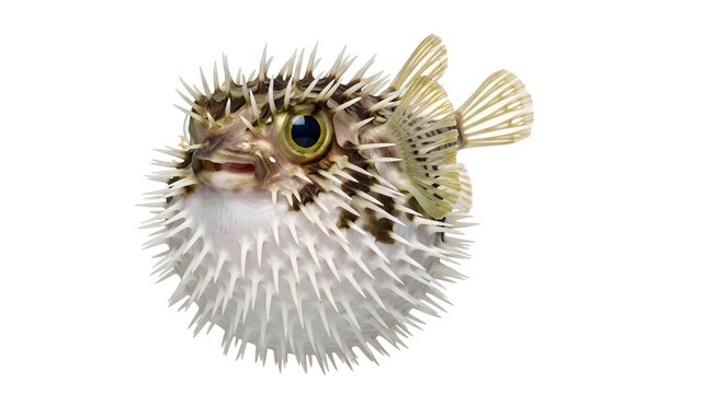 Pufferfish inflated with spines against a clean white background showing its defensive posture