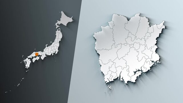 Animated Map of Okayama State Highlighted Within Japan with Prefectures Borders