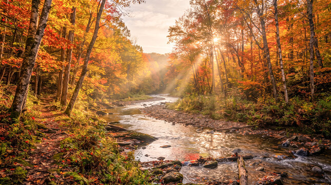 Senderista caminando junto a un r&iacute;o cristalino en un frondoso bosque de oto&ntilde;o, iluminado por c&aacute;lidos rayos de sol entre hojas doradas y rojizas.