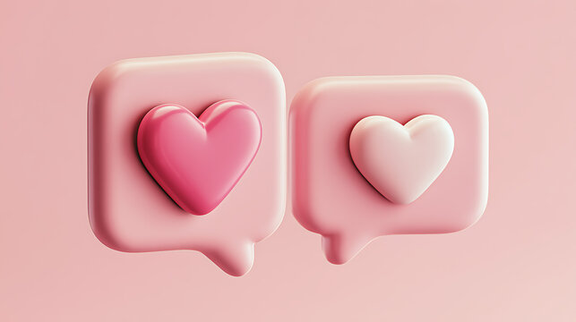 Two pink heart shapes within rounded rectangle speech bubbles 3d render