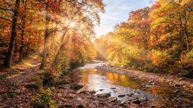 Senderista caminando junto a un r&iacute;o cristalino en un frondoso bosque de oto&ntilde;o, iluminado por c&aacute;lidos rayos de sol entre hojas doradas y rojizas.