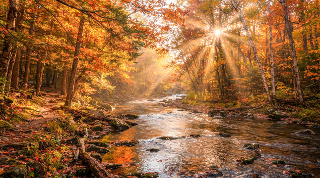 Senderista caminando junto a un r&iacute;o cristalino en un frondoso bosque de oto&ntilde;o, iluminado por c&aacute;lidos rayos de sol entre hojas doradas y rojizas.