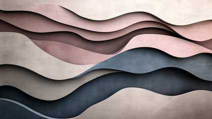 Obraz premium Abstract multi layered wave background with paper cut effect, textured 3D geometric wavy shapes in pastel pink, beige and dark blue colors, elegant modern backdrop for luxury branding, interior art 