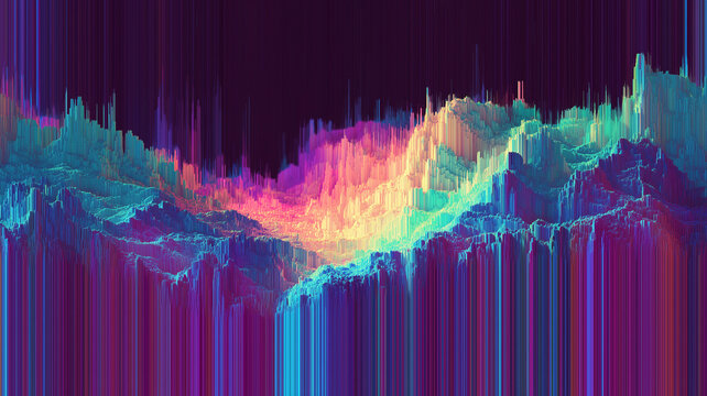 Abstract 3D digital pixel sorting landscape background, neon glitch glitch art with colorful data blocks and vertical lines in purple, pink and teal, cyber punk futuristic topography
