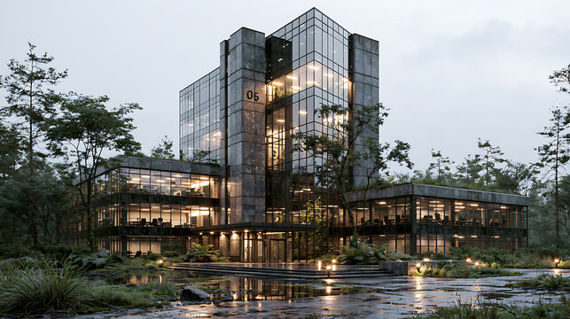 Modern office building with glass facade set in a lush wooded landscape