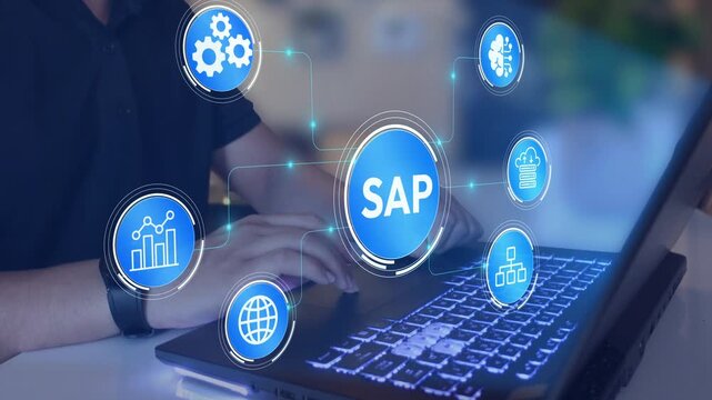 Digital SAP ERP system management concept.  SAP software, analytics and business process icons, enterprise solution and corporate data control. 