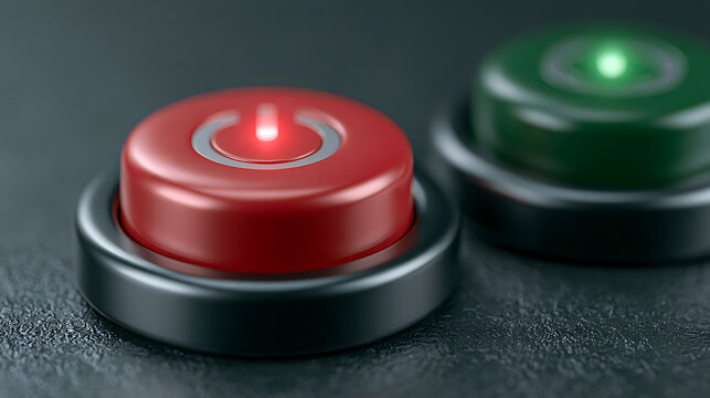 Red and green power buttons with illuminated symbols in a 3d render