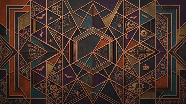 Intricate Art Deco Halloween background featuring steampunk gears, copper geometric lines, gothic spiders, bats, and skulls in a vintage mosaic pattern with teal, purple, and gold textured panels.