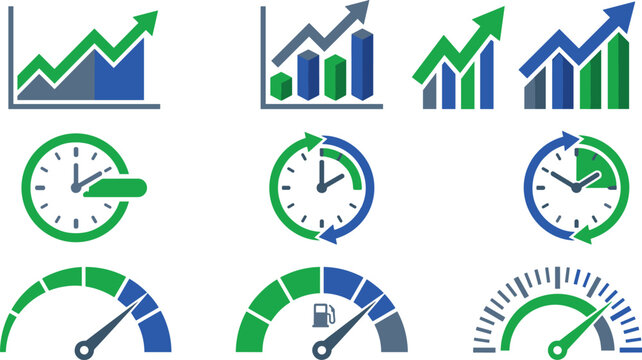 Business Growth and Performance Analytics Icon Set with Bar Charts Clocks Speedometers and Productivity Progress Symbols for Financial Designs