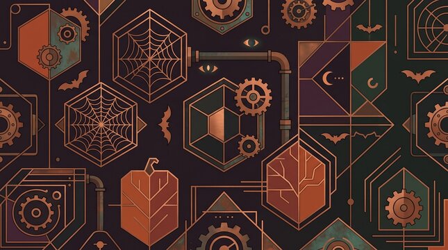 Dark steampunk Halloween aesthetic pattern featuring copper gears, mechanical spider webs, bats, and pumpkins. Intricate industrial gothic design with vintage metallic elements on dark background.
