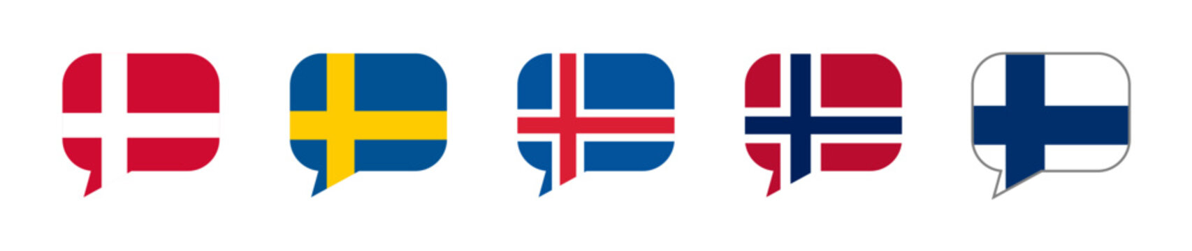 Nordic Countries Flag Speech Bubbles Collection Featuring Denmark, Sweden, Iceland, Norway and Finland Symbols, Vector Illustration Isolated on Transparent Background