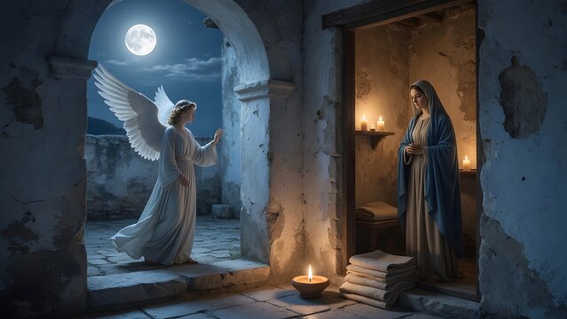 the angel greeting the Virgin Mary across the threshold between courtyard and home, Mary standing calmly inside while the angel remains in the moonlit doorway, Environment: ancient peaceful d