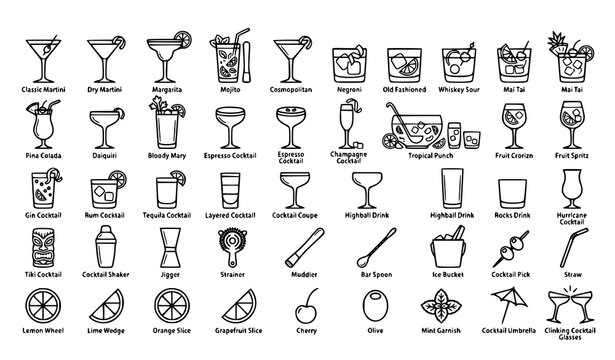 Modern cocktail drinks and bar accessories thin line vector icon collection