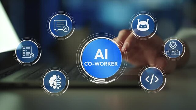 AI co worker assistant concept. Artificial intelligence and virtual assistant icons, smart workplace collaboration, task automation and productivity enhancement.