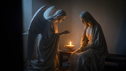 Naklejka premium a peaceful angel offering a humble blessing to the Virgin Mary inside a quiet home at night, Mary kneeling with calm dignity and lowered gaze, Environment: minimal room with plain wall, small