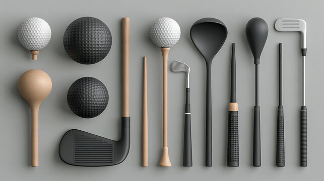 Golf balls and clubs are arranged in a flat photorealistic composition