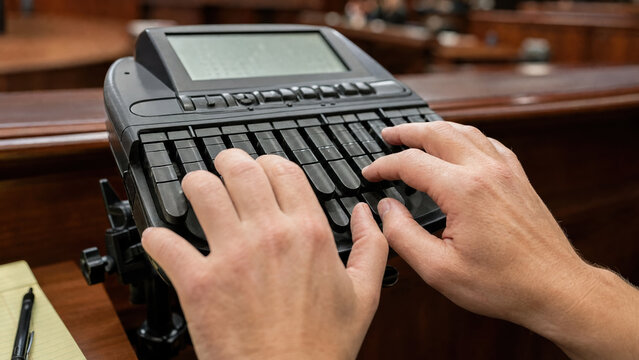 Court stenographer typing on stenotype machine close-up during legal proceedings, recording courtroom testimony, official transcript and judicial documentation