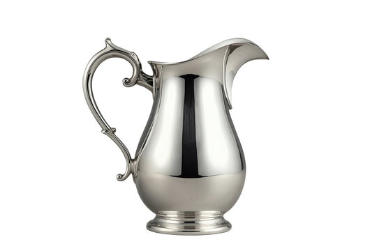Tall reflective silver metal pitcher with ornate handle
