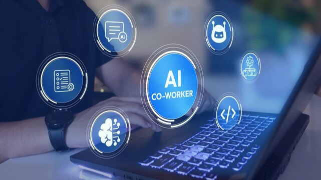 AI co worker assistant concept. Artificial intelligence and virtual assistant icons, smart workplace collaboration, task automation and productivity enhancement.
