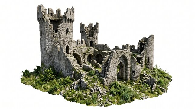 Detailed 3D model of a medieval stone castle ruin with crumbling towers and arches