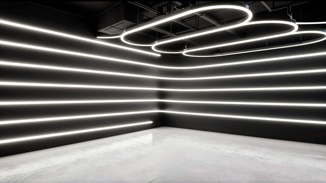 Modern minimalist studio with bright linear lighting