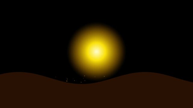 Abstract golden glowing sun rising over rolling hills landscape with floating particles background.