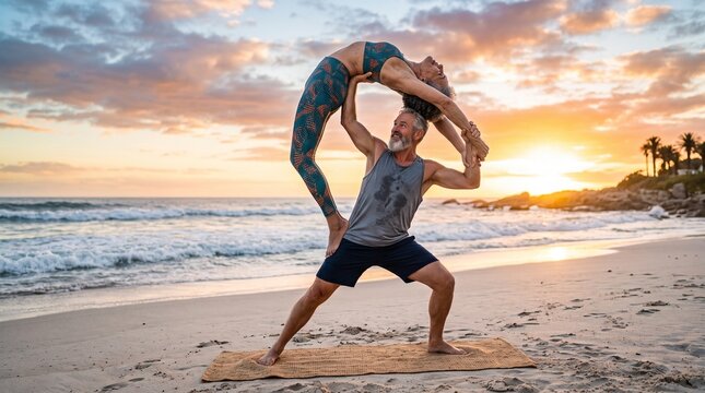 Fit senior couple practicing acro yoga on a sandy beach during a beautiful golden hour sunset. A muscular man lifts his flexible partner in a balancing pose. Concept of healthy aging and wellness.