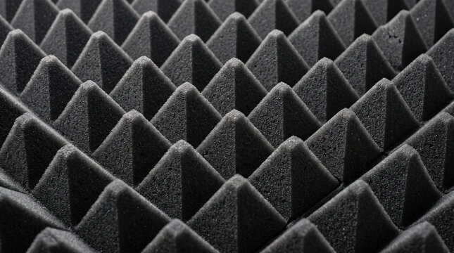 Acoustic foam padding texture with black pyramid panels for sound booth, recording studio soundproofing, noise reduction and acoustic treatment