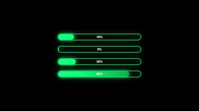 Four progress bars with glowing green indicators on black background showing download or loading progress.