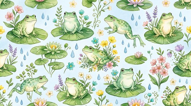 seamless watercolor pattern featuring generic green frogs sitting among lily leaves