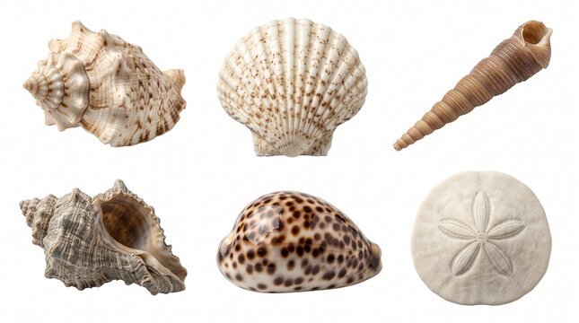 Collection of diverse sea shells and a sand dollar isolated on white background. Set includes conch, scallop, cowrie, and murex shells for beach theme decor, marine biology study, or summer design.