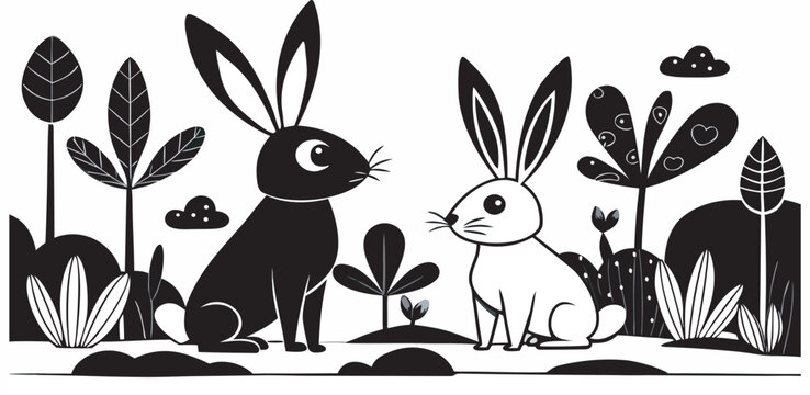 A flat, black-and-white vector illustration depicting two rabbits amidst a whimsical garden. The scene is rendered in high-contrast solid black shapes against a clean white background. On the left, a 