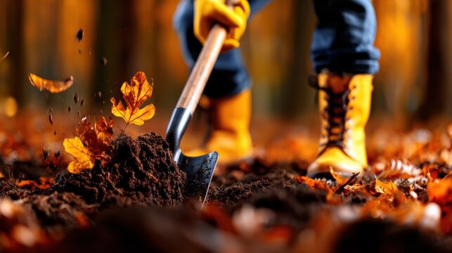 This engaging image depicts a gardener in yellow gloves digging into rich soil surrounded by fallen autumn leaves, symbolizing the nurturing connection between humans and nature.