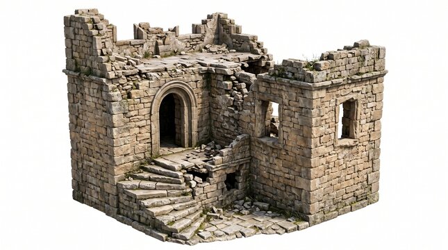 Detailed 3D model of an ancient ruined stone castle with crumbling walls and staircase