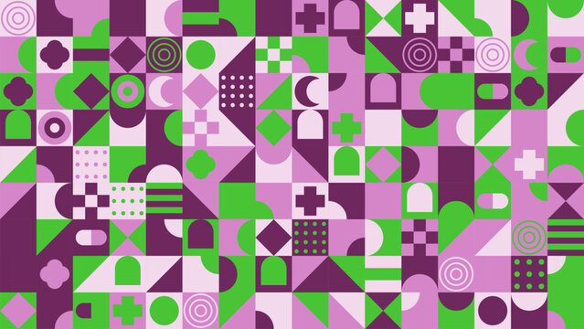 Seamless geometric pattern with purple and green abstract shapes background