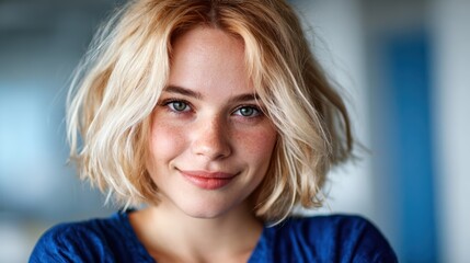 Fototapeta premium A joyful and bright portrait of a young woman with short blonde hair and sparkling blue eyes, radiating happiness and a cheerful demeanor in a modern setting.
