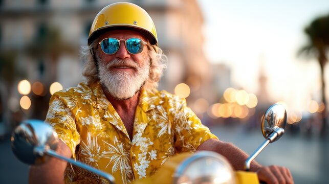 An adventurous mature man sporting a yellow helmet smiles while riding a scooter, embodying a vibrant spirit and a love for life, accompanied by a lively urban backdrop.