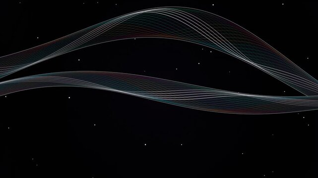 Abstract glowing wave lines flowing horizontally across a dark starry background with particles