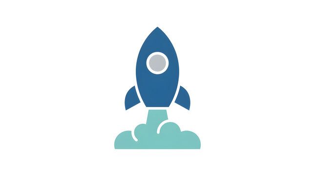 Minimalist blue rocket icon launching with light green smoke trails isolated on white background depicting business startup growth technology speed innovation success and project launch