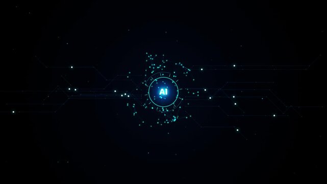 Abstract artificial intelligence network glowing with data particles on dark digital background.