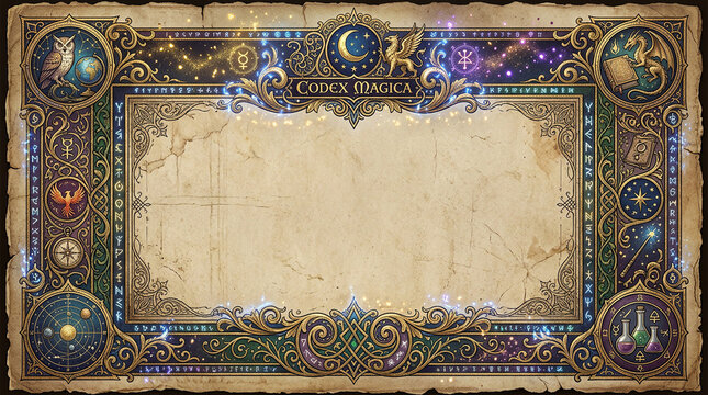 Codex magica book cover frame featuring celestial maps stars and fantasy creatures for mystical design projects.