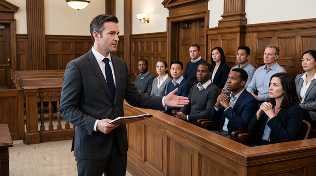Trial lawyer delivering closing argument to jury in courtroom, attorney presenting legal case, persuasive advocacy, litigation and criminal justice proceedings
