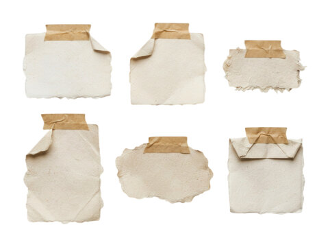 Set of six varied handmade paper notes with tape isolated on transparent background for digital planning layouts