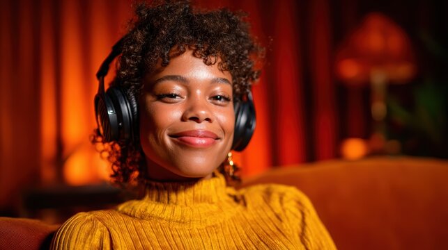 A joyful woman with curly hair, wearing over-ear headphones, expresses contentment as she immerses herself in her favorite music while relaxing at home.