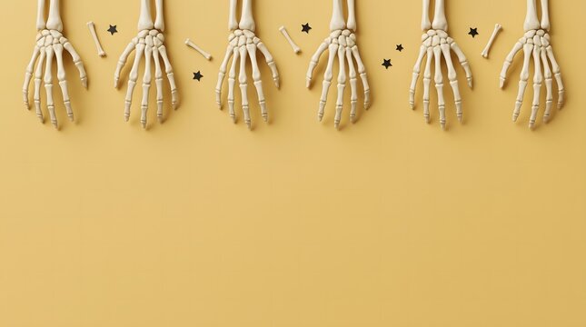 Multiple realistic plastic skeleton hands arranged in row with tiny black stars and bone pieces on light yellow flat background