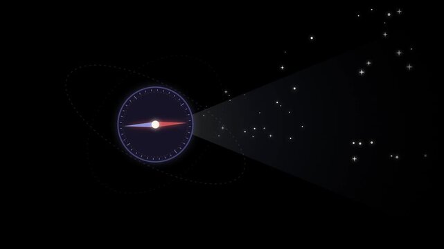 Animated compass pointing towards constellation of glowing stars against dark cosmic background for navigation concept.