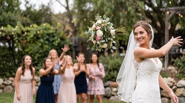 Bride smiling and throwing bouquet at wedding celebration outdoors  