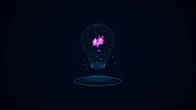 Hologram of glowing brain inside light bulb wireframe spinning on dark futuristic technology background.