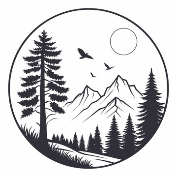 Circular mountain landscape vector emblem with pine trees flying birds and sun pine tree t shirt